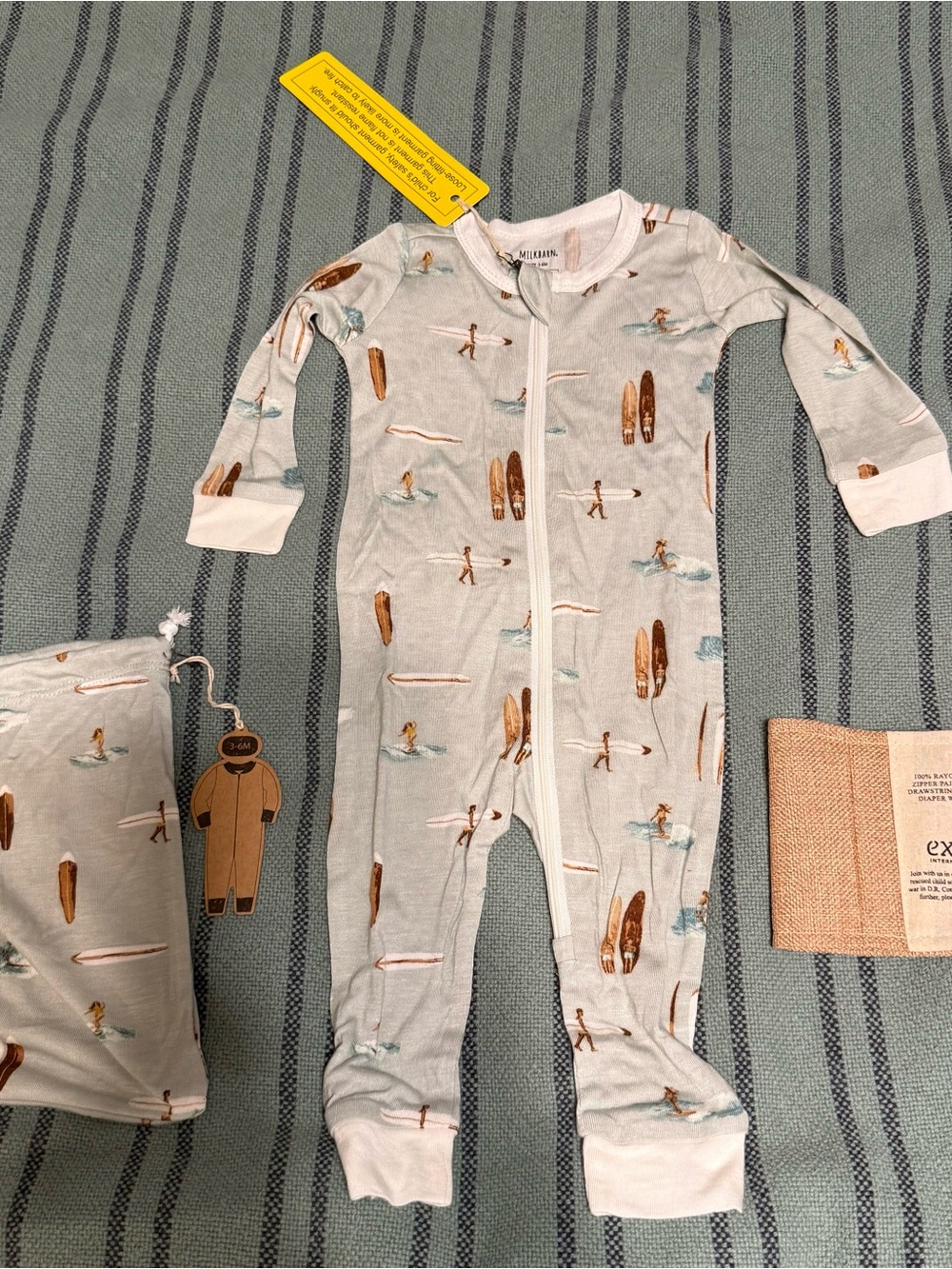 Milkbarn Neutral Surfboard Print Zip-Front One-Piece in Light Gray and Brown